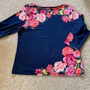 TALBOTS PIMA BATEAU NECK TEE - Navy & Pink Floral print, Misses size XL